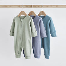 Load image into Gallery viewer, Blue / Grey 100% Cotton Baby Zip Sleepsuits 3 Pack

