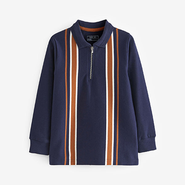 Navy Blue Vertical Stripe Long Sleeve Zip Neck Polo Shirt (3-12yrs)