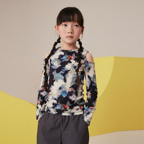 Black Floral Long Sleeve Cold Shoulder Rib T-Shirt (3-12yrs)