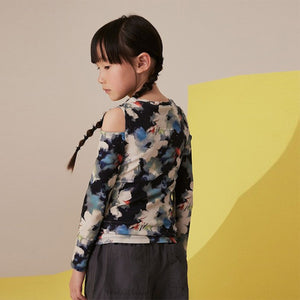 Black Floral Long Sleeve Cold Shoulder Rib T-Shirt (3-12yrs)