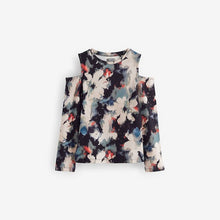 Load image into Gallery viewer, Black Floral Long Sleeve Cold Shoulder Rib T-Shirt (3-12yrs)
