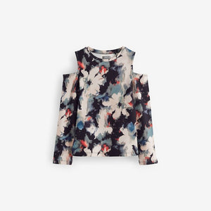 Black Floral Long Sleeve Cold Shoulder Rib T-Shirt (3-12yrs)