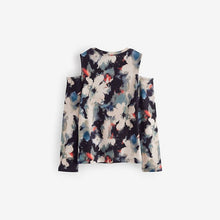 Load image into Gallery viewer, Black Floral Long Sleeve Cold Shoulder Rib T-Shirt (3-12yrs)
