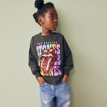 Load image into Gallery viewer, Charcoal Grey Sequin Rainbow Rolling Stones 100% Cotton Long Sleeve T-Shirt (3-12yrs)

