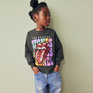 Charcoal Grey Sequin Rainbow Rolling Stones 100% Cotton Long Sleeve T-Shirt (3-12yrs)