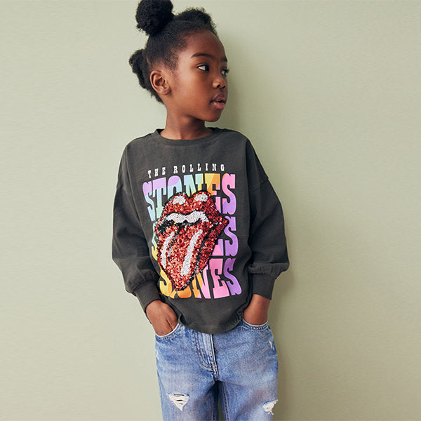 Charcoal Grey Sequin Rainbow Rolling Stones 100% Cotton Long Sleeve T-Shirt (3-12yrs)