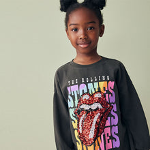 Load image into Gallery viewer, Charcoal Grey Sequin Rainbow Rolling Stones 100% Cotton Long Sleeve T-Shirt (3-12yrs)
