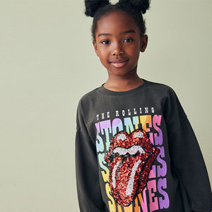 Charcoal Grey Sequin Rainbow Rolling Stones 100% Cotton Long Sleeve T-Shirt (3-12yrs)