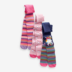 Pink and Navy 3 Pack Cotton Rich Unicorn Tights