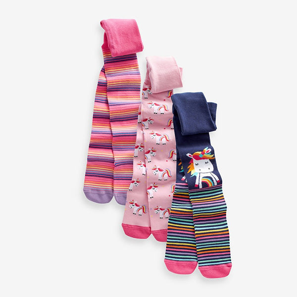 Pink and Navy 3 Pack Cotton Rich Unicorn Tights