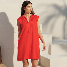 Load image into Gallery viewer, Red Linen Blend Tie Neck Mini Summer Dress
