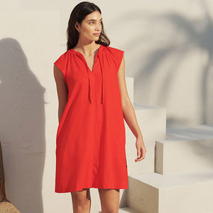 Red Linen Blend Tie Neck Mini Summer Dress