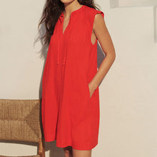 Load image into Gallery viewer, Red Linen Blend Tie Neck Mini Summer Dress
