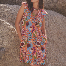 Load image into Gallery viewer, Orange Tropical Print Linen Blend V-Neck Summer Sleeveless Shift Dress
