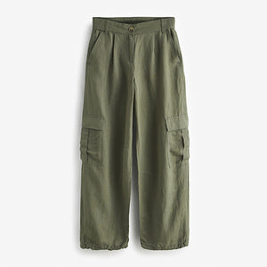 Khaki Green Linen Blend Cargo Trousers