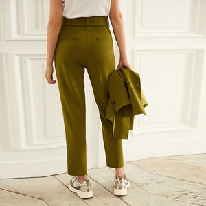 Green Olive Tailored Belted Taper Trousers