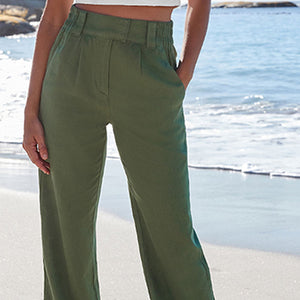 Khaki Green Linen Blend Wide Leg Trousers