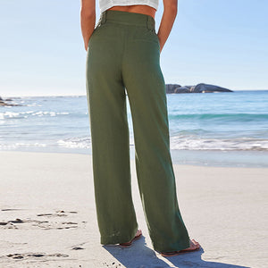 Khaki Green Linen Blend Wide Leg Trousers