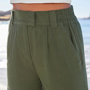 Khaki Green Linen Blend Wide Leg Trousers