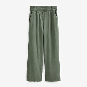 Khaki Green Linen Blend Wide Leg Trousers