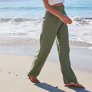 Khaki Green Linen Blend Wide Leg Trousers