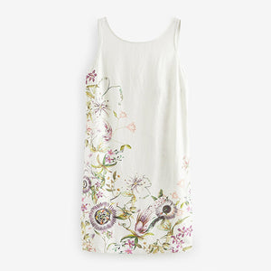 Ecru Cream Floral Linen Blend Sleeveless Shift Dress