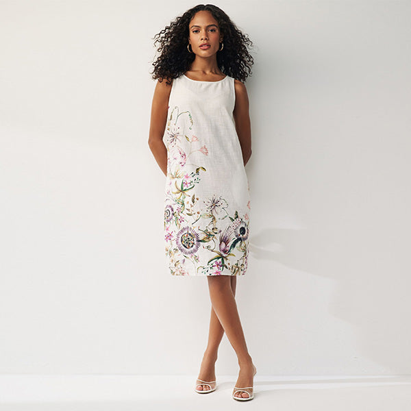 Ecru Cream Floral Linen Blend Sleeveless Shift Dress