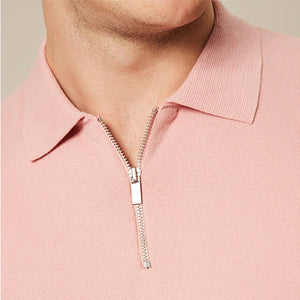 Pink Knitted Regular Fit Zip Polo Shirt