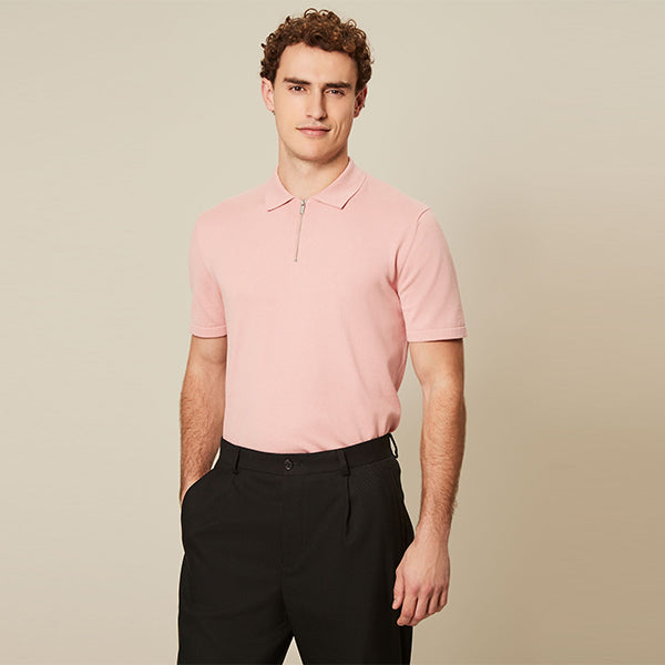 Pink Knitted Regular Fit Zip Polo Shirt