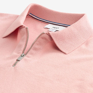 Pink Knitted Regular Fit Zip Polo Shirt