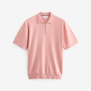 Pink Knitted Regular Fit Zip Polo Shirt