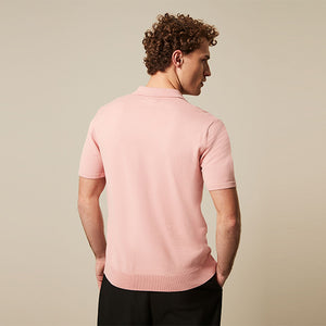 Pink Knitted Regular Fit Zip Polo Shirt