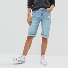 Load image into Gallery viewer, Bleach Blue Ripped Denim Knee Shorts
