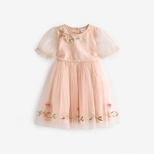 Pink Embroidered Mesh Party Dress (3mths-5-6yrs)