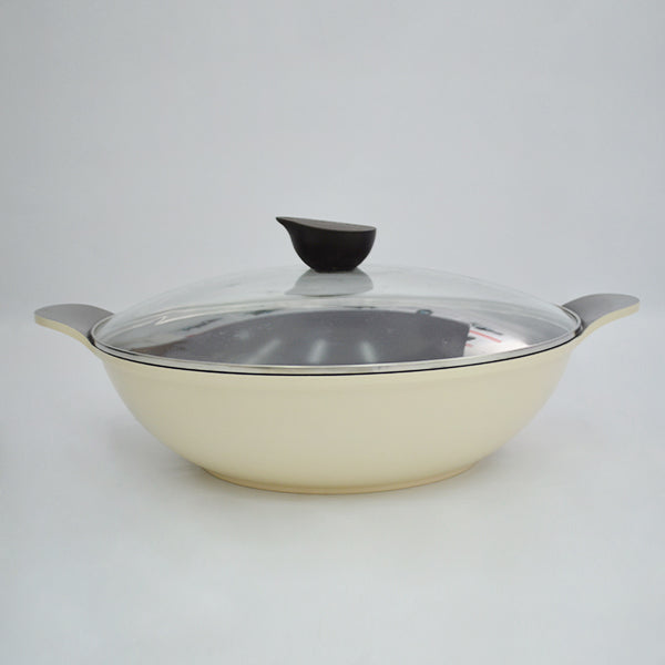 Eela Two Handle Wok Ivory with Glass Lid 36cm