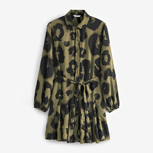 Load image into Gallery viewer, Khaki Green/Black Animal Print Mini Tie Belt Shirt Dress
