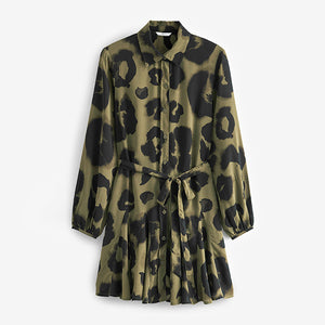 Khaki Green/Black Animal Print Mini Tie Belt Shirt Dress