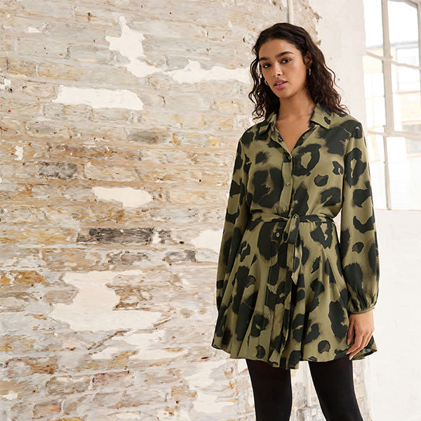 Khaki Green/Black Animal Print Mini Tie Belt Shirt Dress