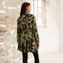 Load image into Gallery viewer, Khaki Green/Black Animal Print Mini Tie Belt Shirt Dress
