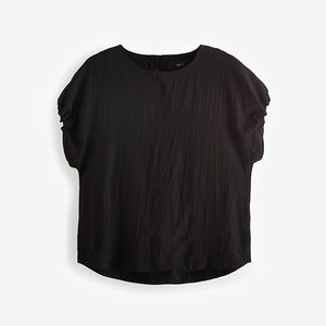 Black Gathered Short Sleeve Textured Boxy T-Shirt