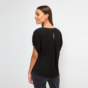Black Gathered Short Sleeve Textured Boxy T-Shirt