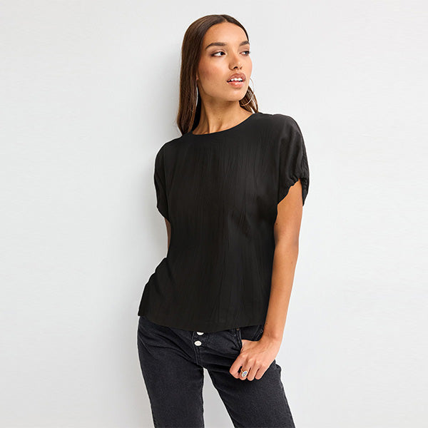 Black Gathered Short Sleeve Textured Boxy T-Shirt