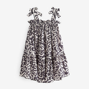 Black Swirl Print Tie Shoulder Printed Summer Dress (3-12yrs)