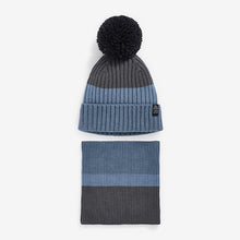 Load image into Gallery viewer, Mineral Blue Stripe Knitted Hat And Snood Set (1-13yrs)
