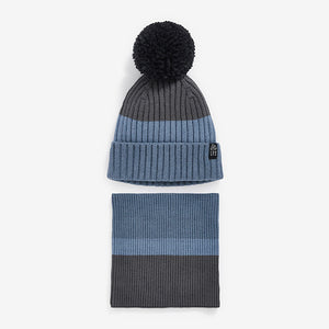 Mineral Blue Stripe Knitted Hat And Snood Set (1-13yrs)