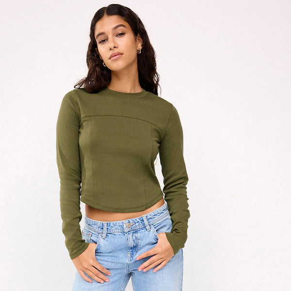 Khaki Green Long Sleeve Corset Top