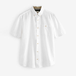 White Standard Collar Linen Blend Short Sleeve 100% Cotton Shirt