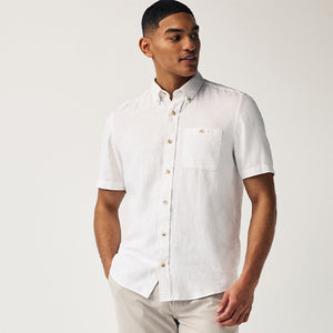 White Standard Collar Linen Blend Short Sleeve 100% Cotton Shirt