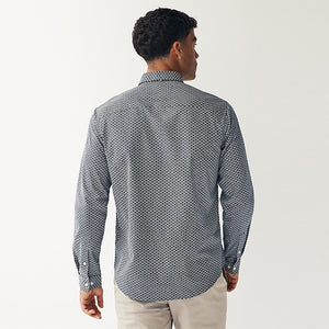 Navy Blue Stretch Oxford Printed Long Sleeve Shirt