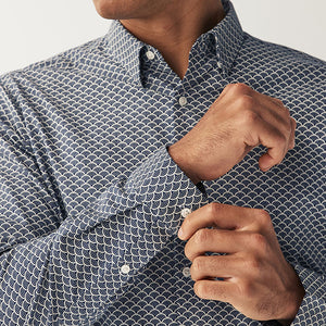 Navy Blue Stretch Oxford Printed Long Sleeve Shirt